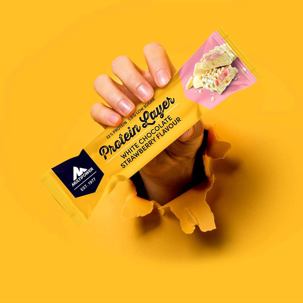 Multipower Protein Layer Bar - White Chocolate Strawberry Flavor - High-Protein Multi-Layer Snack - 50g Bars (18 Pack)