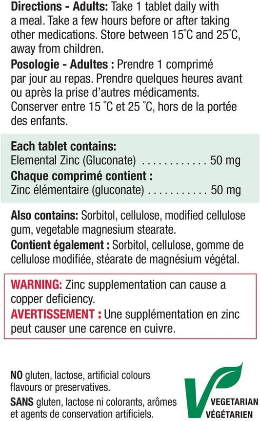 Jamieson Ultra Strength Zinc 50 mg, Supports Immune Health, Tissue Formation, and Healthy Skin. Vegetarian, Non-GMO, Gluten-Free, 100 Tablets, Proudly Canadian
