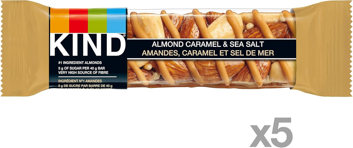 KIND 能量棒,坚果海盐黑巧克力,无麸质,低糖,40 克,12 块;水果坚果焦糖杏仁海盐,无麸质,低糖,1.4 盎司,5 块