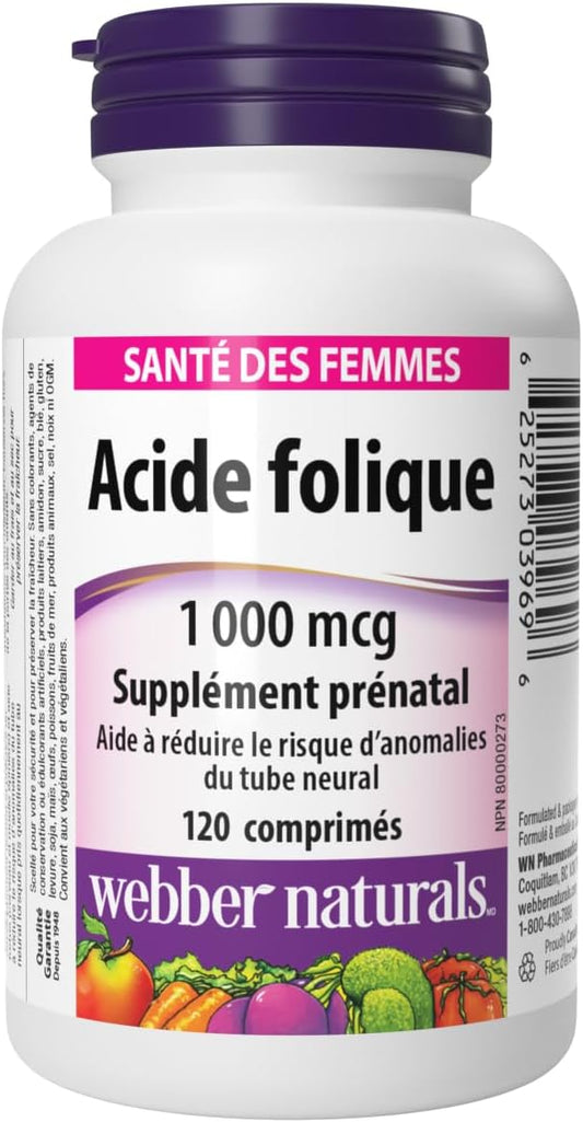 Webber Naturals Folic Acid 1000 mcg, 120 Tablets, Prenatal Nutrient, Vegan