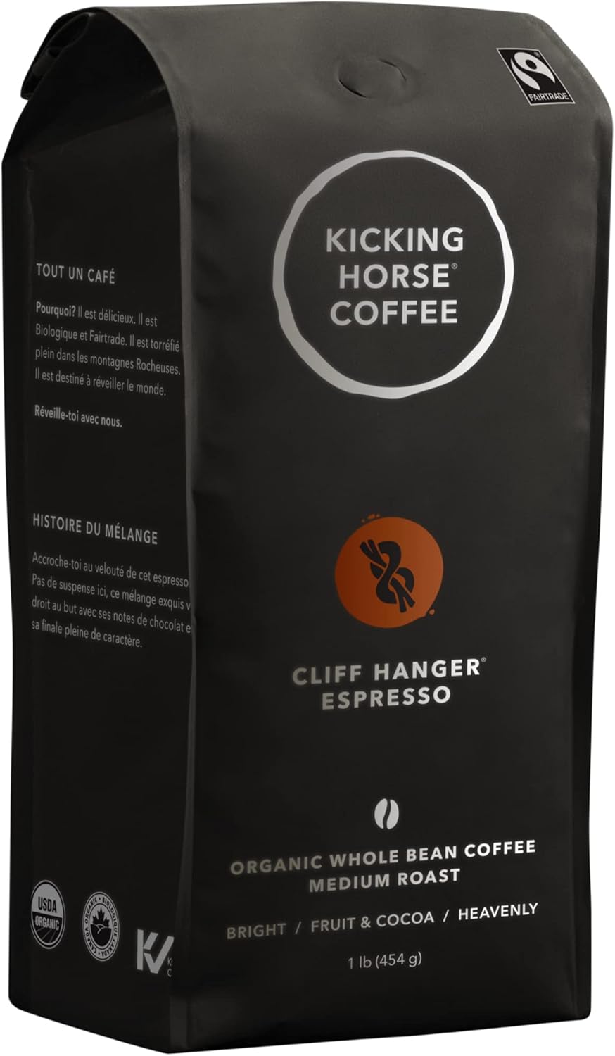 Kicking Horse Coffee Cliff Hanger 浓缩咖啡,中度烘焙,全豆,1 磅(6 包)- 有机认证,公平贸易 & Three Sisters,研磨,284 克 - 有机认证,公平贸易,犹太洁食咖啡