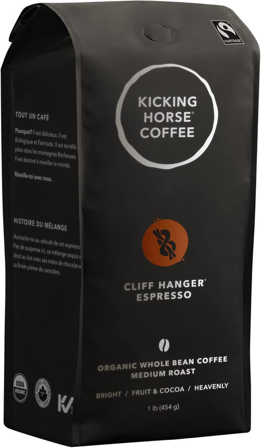 Kicking Horse Coffee Cliff Hanger 浓缩咖啡,中度烘焙,全豆,1 磅(6 包)- 有机认证,公平贸易 & Three Sisters,研磨,284 克 - 有机认证,公平贸易,犹太洁食咖啡