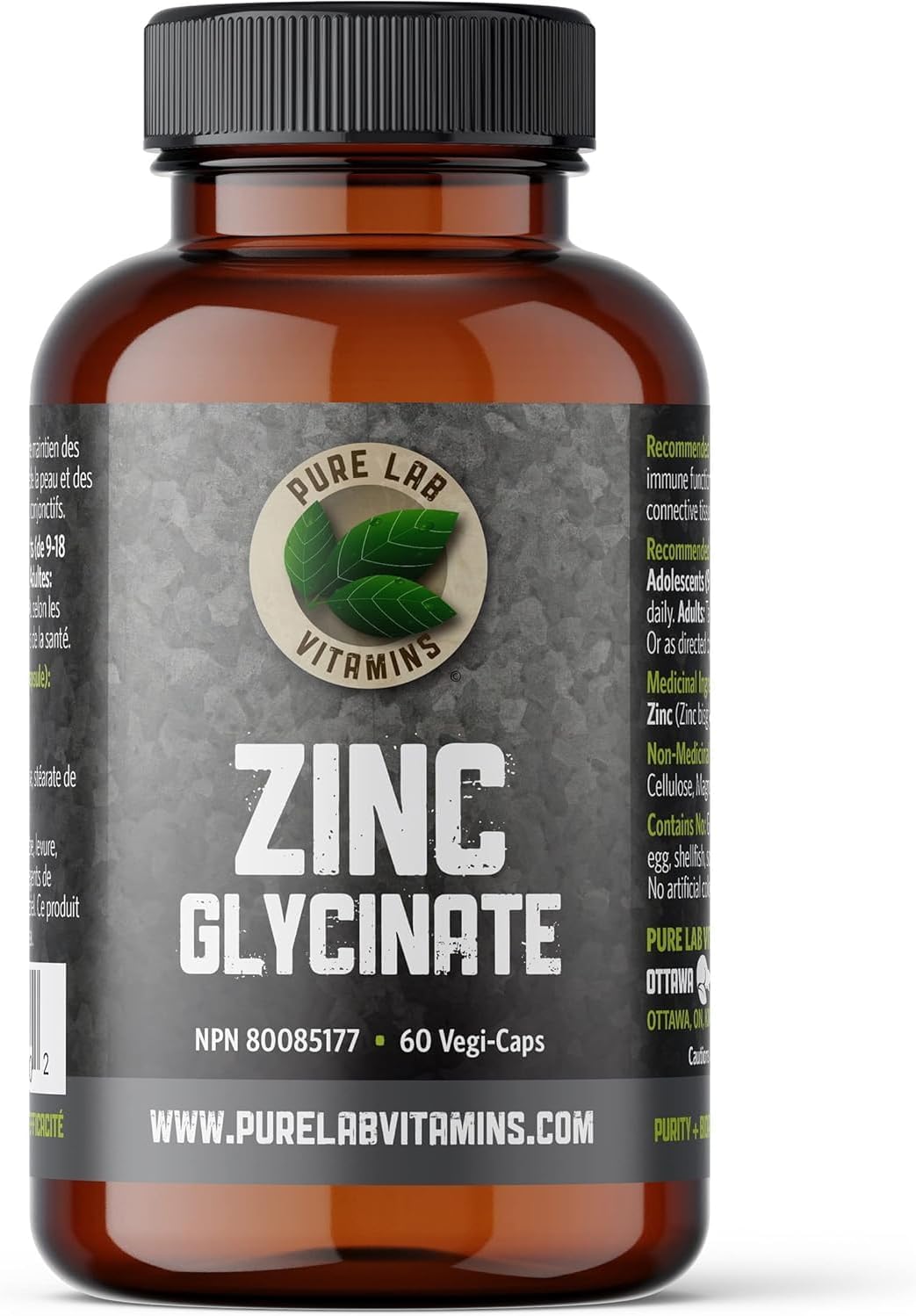 Pure Lab Vitamins | Zinc Glycinate 23mg | 60 Capsules | Vegan Zinc Mineral Supplement | Amino Acid Salt for Hair Nail and Skin Vitamins | Supplement for Men & Women | Immune System Support