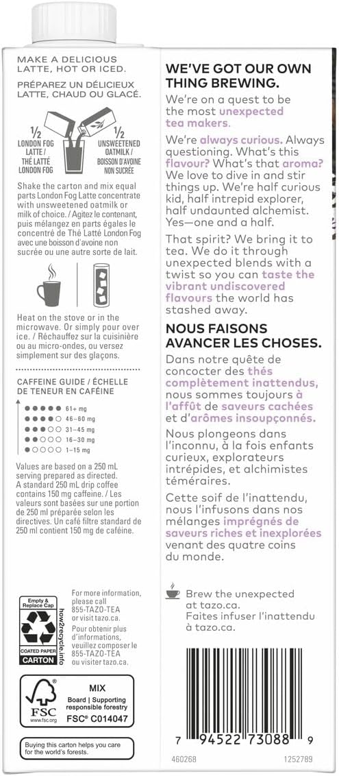TAZO London Fog Latte 浓缩咖啡 - 946 毫升(1 包),居家咖啡馆体验,奢华浓郁的口味,含咖啡因,可热饮或冰饮