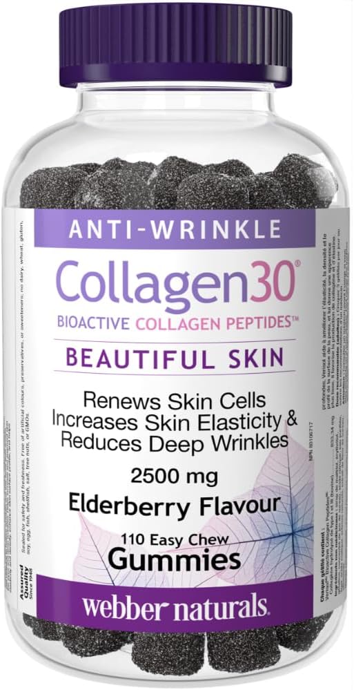 Webber Naturals Collagen30 抗皺軟糖,每份含 2,500 毫克生物活性膠原蛋白勝肽,110 粒軟糖,有助於減少深層皺紋、細紋並刺激皮膚細胞
