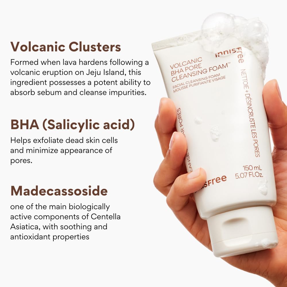 innisfree Volcanic BHA Pore Cleansing Foam, Korean Face Wash with Salicylic Acid, Oil Control, Deep Clean, Pore Care, Sulfate-Free Formula