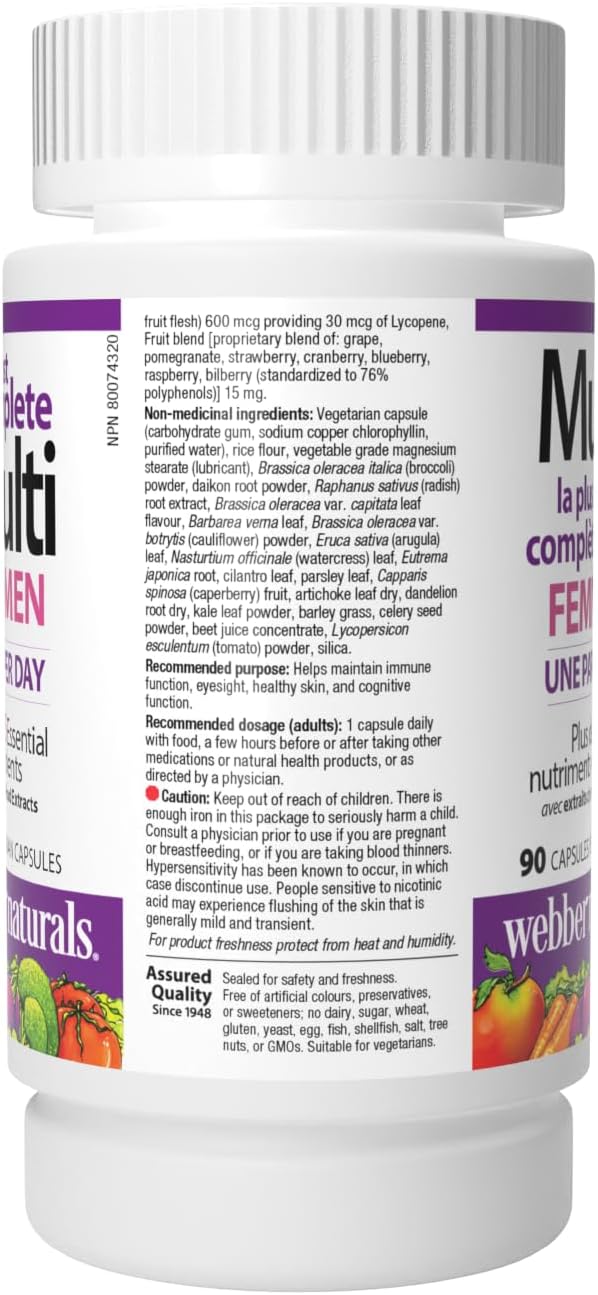 Webber Naturals Most Complete Multi For Women, 90 Capsules, One-Per-Day, Over 55 Vitamins, Minerals, and Whole Food Fruit and Vegetable Sources per Capsule, Vegetarian