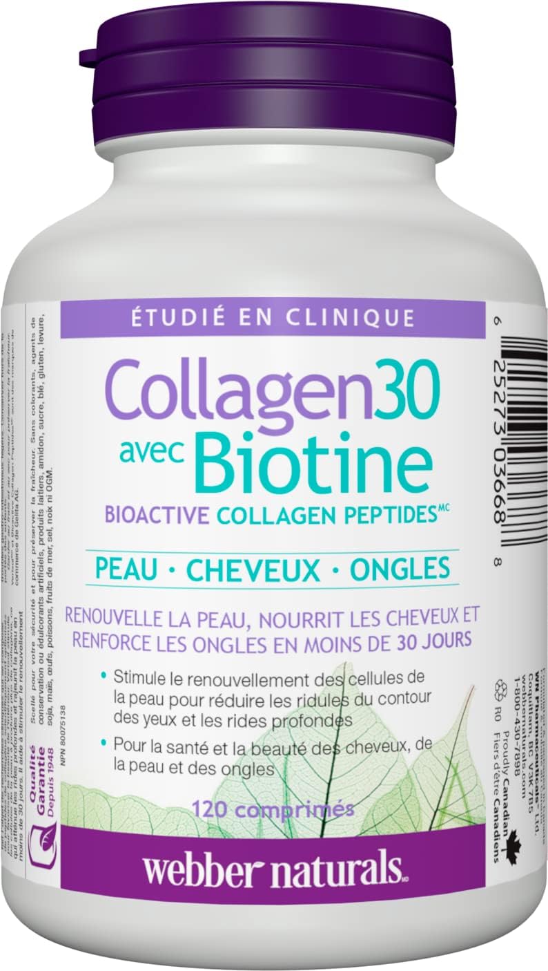 Webber Naturals Collagen30 含生物素,2,500 毫克生物活性膠原蛋白勝肽和 150 毫克檸檬酸鎂,120 粒膠囊,高吸收礦物質,支持骨骼和肌肉功能,不含麩質