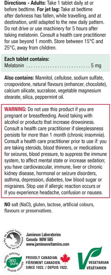 Jamieson 褪黑素 5 毫克,強效巧克力薄荷味,即溶,改善睡眠質量,延長睡眠時間,幫助重置睡眠-覺醒週期。素食,無麩質,無人工香料…