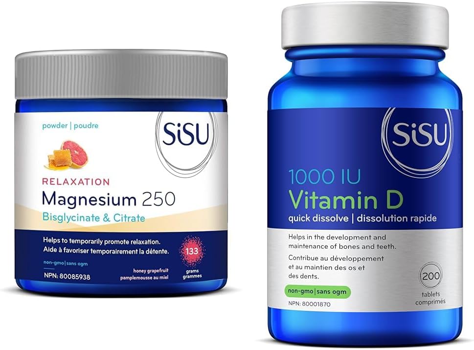 SISU Magnesium 250 Relaxation Blend, Honey Grapefruit 133 g & Vitamin D 1000 Iu Family Size, 200 CT