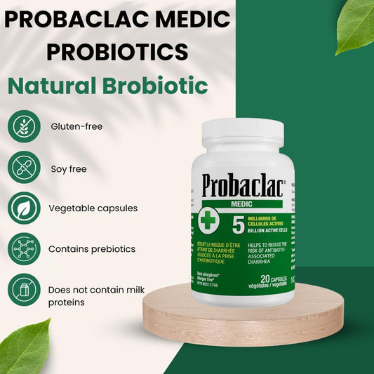 Probaclac Medic 益生菌 - 20 粒植物胶囊,50 亿活性细胞 - 布拉氏酵母菌,用于缓解抗生素相关腹泻 - 经临床验证,无过敏原,无需冷藏 (1)
