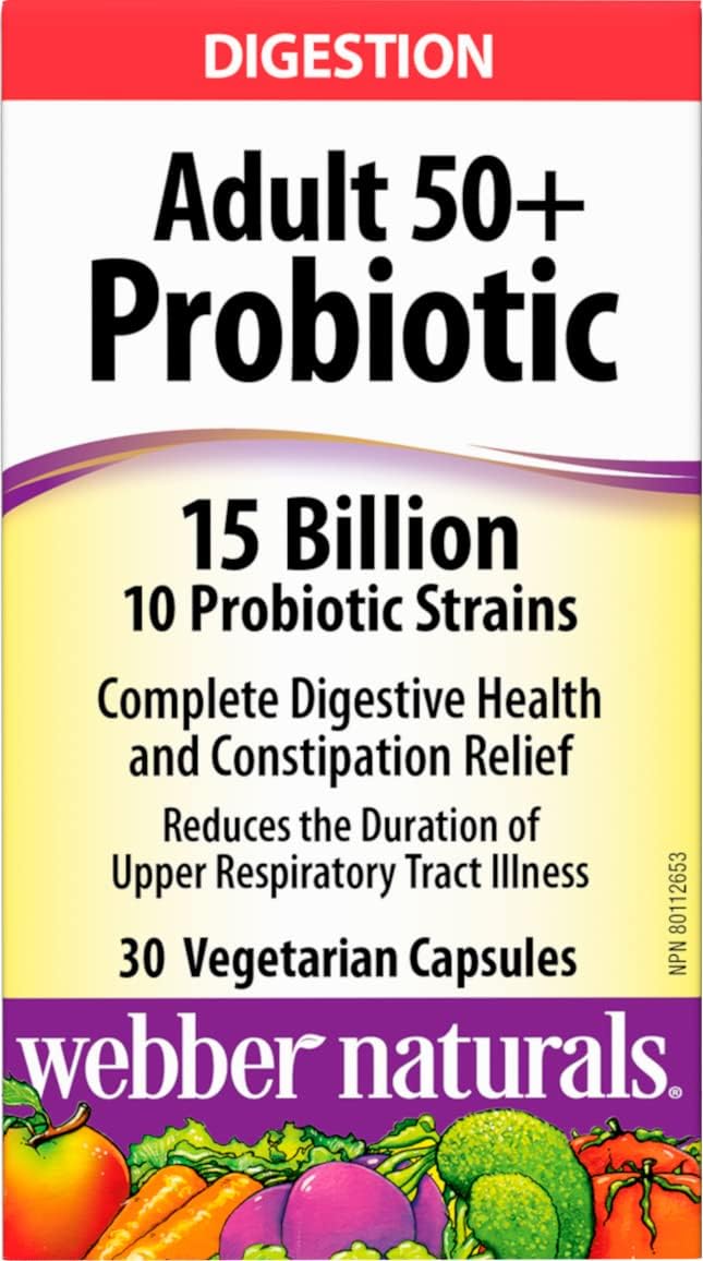 Webber Naturals Probiotic Adult 50+, 15 Billion Active Cells, 10 Probiotic Strains, 30 Capsules, For Digestive Health and Constipation Relief, Vegan