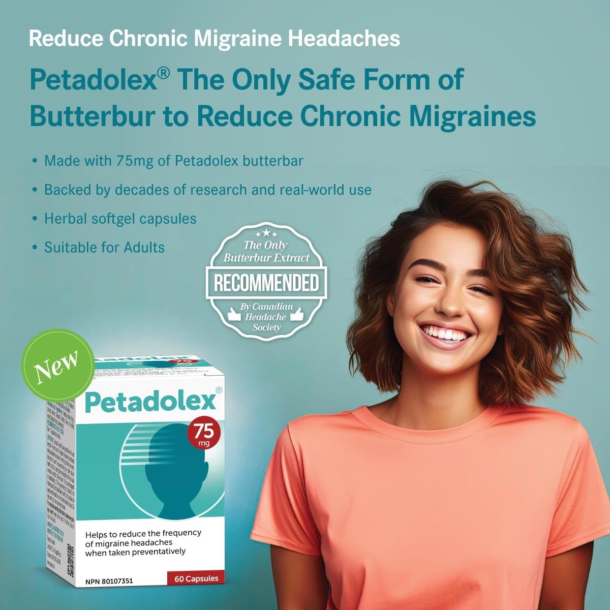 Pascoe - Petadolex - 75 毫克专利无 PA 白屈菜根提取物,用于治疗偏头痛(60 粒(1 包))