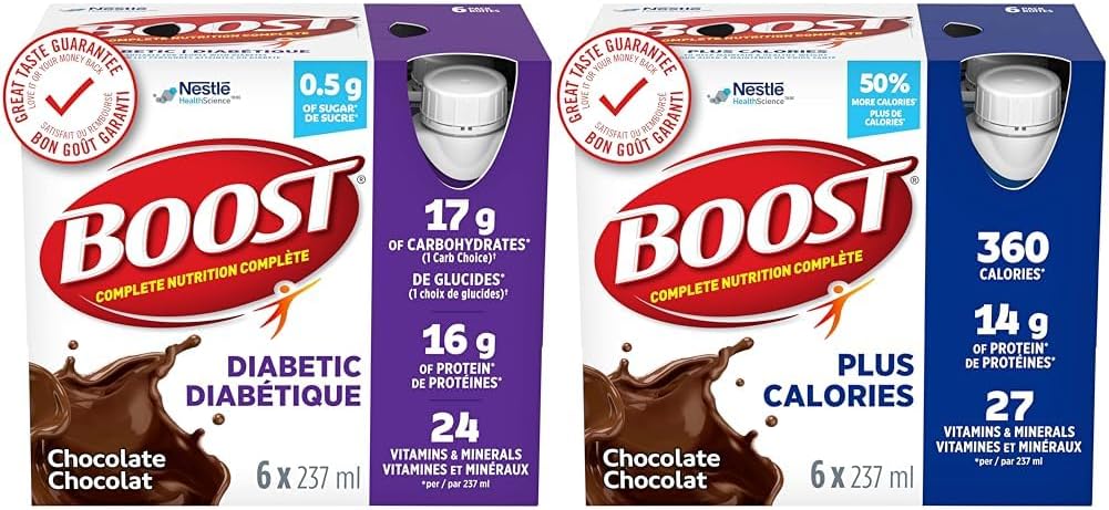 BOOST 糖尿病营养补充剂,巧克力味,6x237 毫升,每箱 4 瓶,包装可能有所不同 & PLUS 全营养饮料,巧克力味,6x237 毫升,每箱 4 瓶,包装可能有所不同