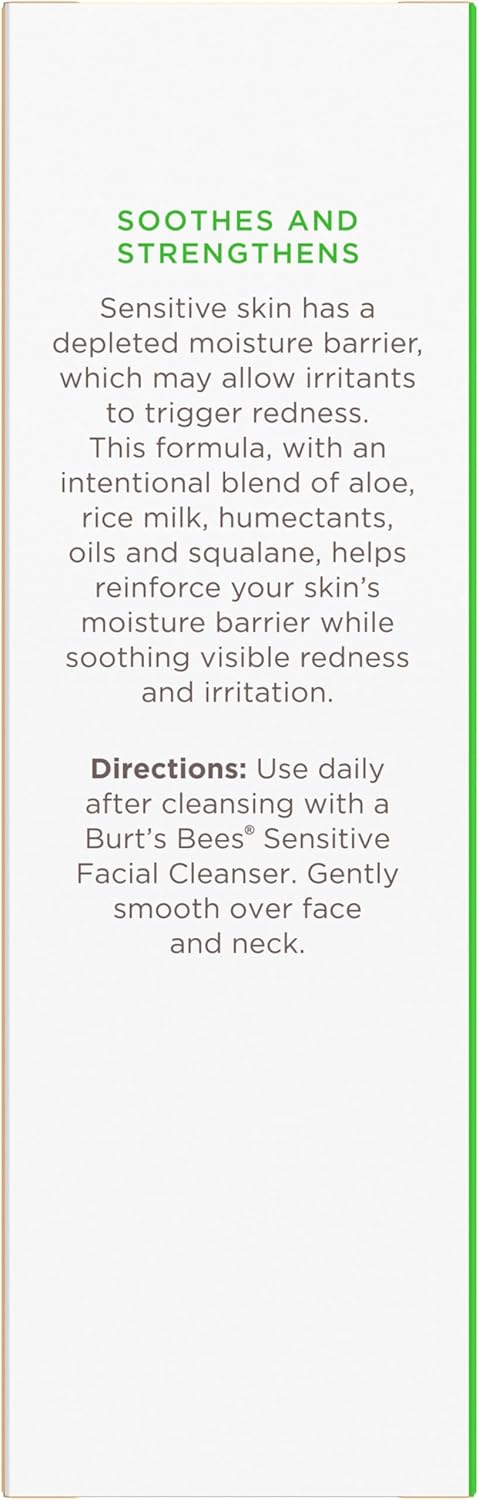 Burt's Bees Sensitive Hydrating Gentle Daily Face Cream Moisturizer Face Lotion for Sensitive Skin with Aloe and Rice Milk, 98.9% Natural Origin, Developed with Dermatologists, 51g