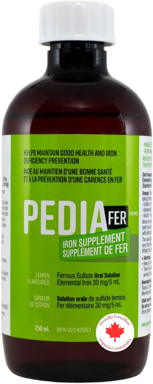 PediaFer™ 液態鐵補充劑,30 毫克/5 毫升 | 硫酸亞鐵口服液,檸檬味 | 適合所有年齡層(嬰兒、兒童、青少年和成人)| 支持生長並預防缺鐵,250 毫升。