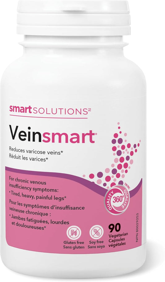 Smart Solutions Veinsmart 素食膠囊,支持靜脈健康,緩解靜脈曲張,緩解腿部腫脹和沈重感。含 300 毫克地奧司明,不含麩質和大豆,90 粒裝