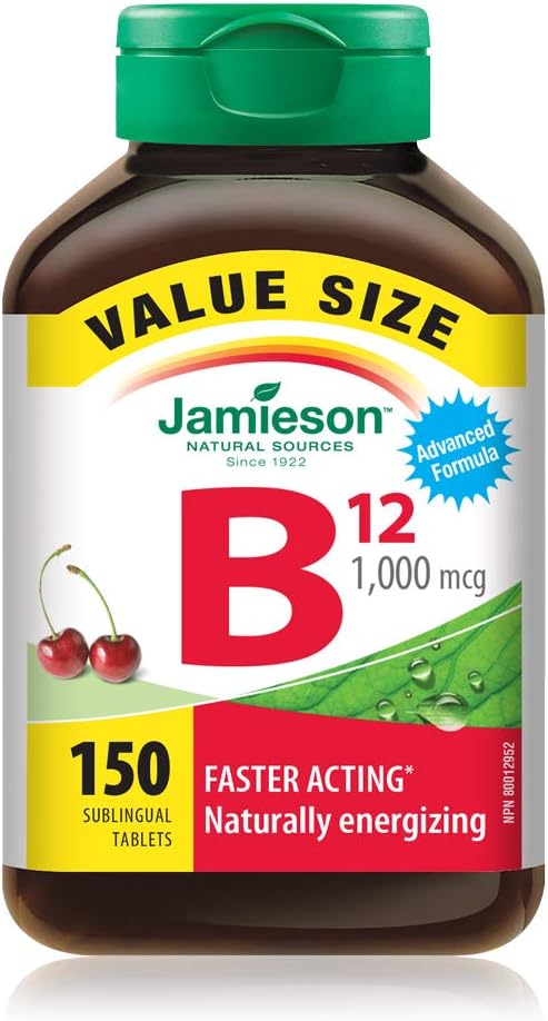 Jamieson 维生素 B12 甲钴胺 1,000 微克,速溶,起效更快,天然补充能量,促进新陈代谢。素食,无麸质,天然野樱桃味,150 片舌下片,加拿大制造