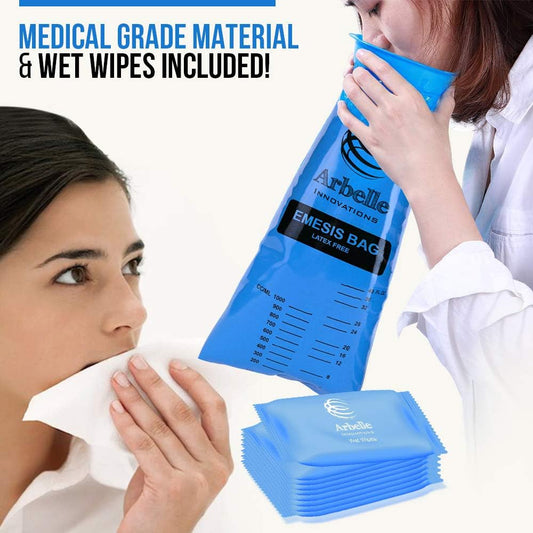 一次性嘔吐袋,嘔吐袋 - 40個嘔吐袋+40片濕紙巾,用於噁心、暈車、汽車、懷孕、化療嘔吐,藍色嘔吐袋,優質防漏,方便旅行