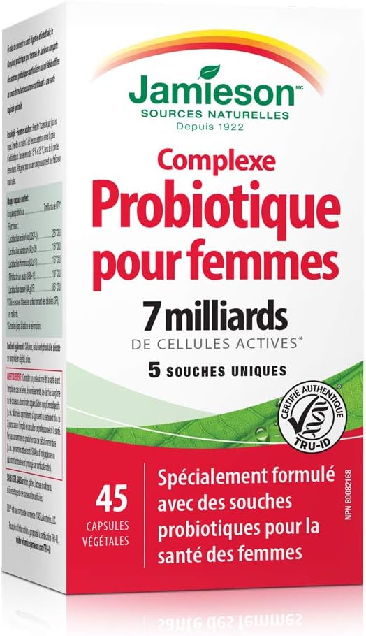 Jamieson Women's Probiotic Complex 7 Billion Active Cells, Supports Digestive Health, Intestinal Health, Gut Flora, and Vaginal Health. With Lactobacillus and Bifidobacterium, Non-GMO, Gluten-Free, 45 Vegetarian Capsules