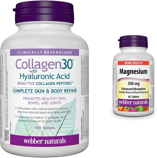 Webber Naturals 膠原蛋白 30,含透明質酸和鎂 500 毫克,60 片,增強礦物質吸收,支持骨骼和肌肉功能,純素