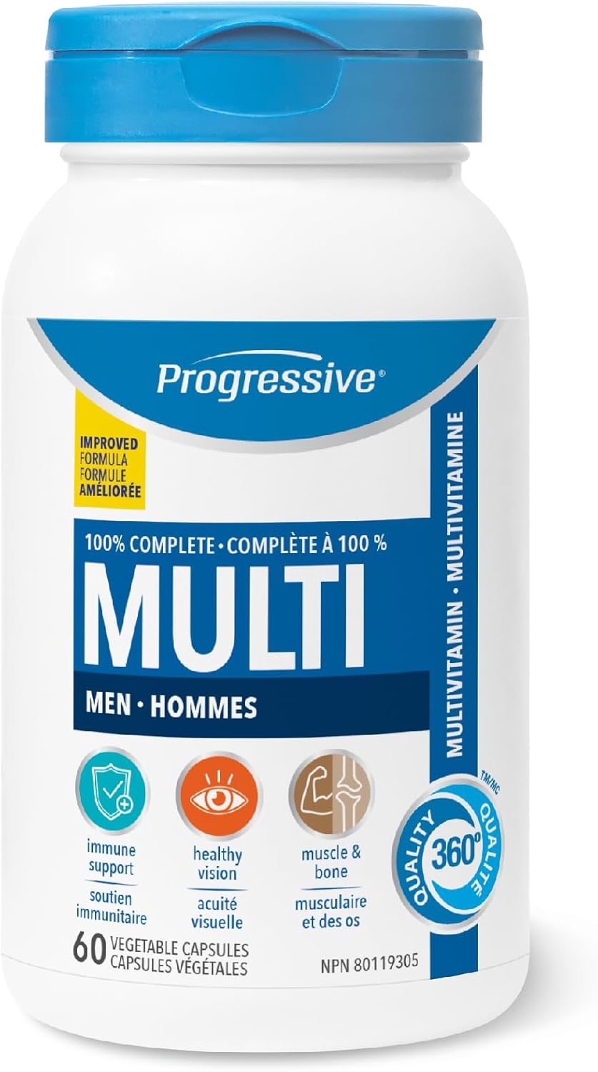 Progressive Advanced 成人男士每日复合维生素,含锯棕榈、胡芦巴和玛卡。支持免疫健康、提升能量、改善情绪,100% 完整配方,加拿大制造,60 粒装