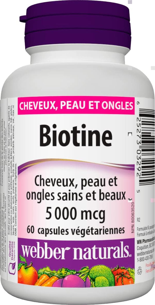 Webber Naturals 生物素 5000 微克,60 粒素食膠囊,支持健康的頭髮、皮膚和指甲,促進能量代謝,純素