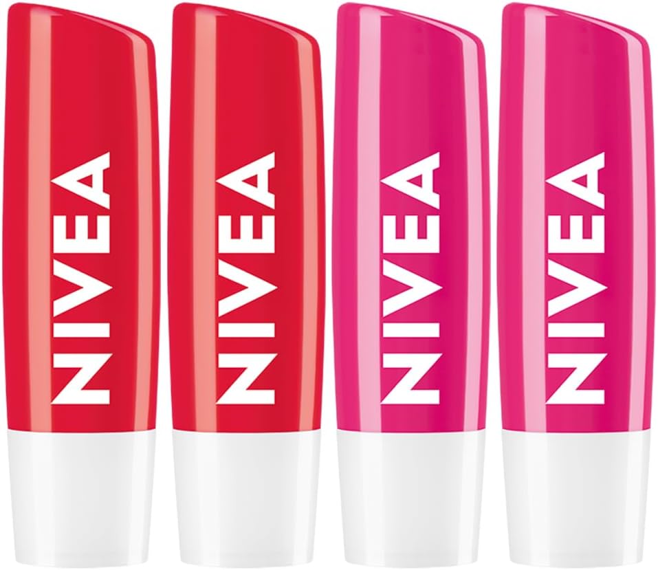 NIVEA 潤唇膏套裝 - 帶有光澤的色彩,草莓光澤(2 x 4.8g)+西瓜光澤(2 x 4.8g),含有乳木果油和保濕油,可 24 小時保濕