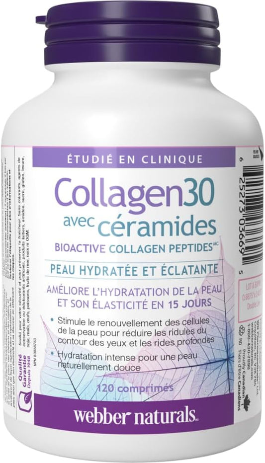 Webber Naturals Collagen30 含神經醯胺,生物活性膠原蛋白勝肽,120 片,保濕亮澤,有助於改善皮膚保濕、彈性和光滑度