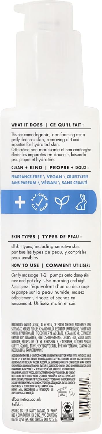 e.l.f. Cosmetics 純淨肌膚潔面乳,不起泡,質地柔滑,日常溫和潔面,去除污垢、油脂和雜質,不刺激,6 盎司,透明