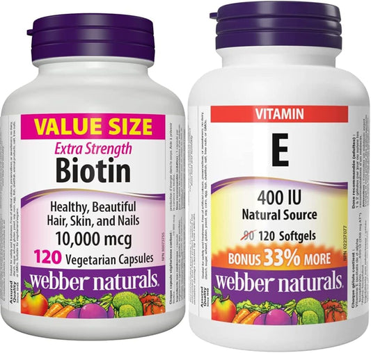 Webber Naturals 生物素 10,000 微克強效 + 維生素 E 400 國際單位套裝,有益於頭髮、皮膚和指甲健康