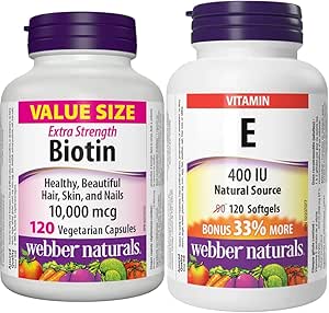 Webber Naturals Biotin 10,000 mcg Extra Strength + Vitamin E 400 IU Bundle for Healthy Hair, Skin & Nails