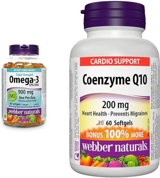 Webber Naturals Omega-3 900 毫克三重强度和辅酶 Q10 (CoQ10) 200 毫克,高效抗氧化剂,非转基因,无麸质,60 粒软胶囊,用于心脏健康和细胞能量产生