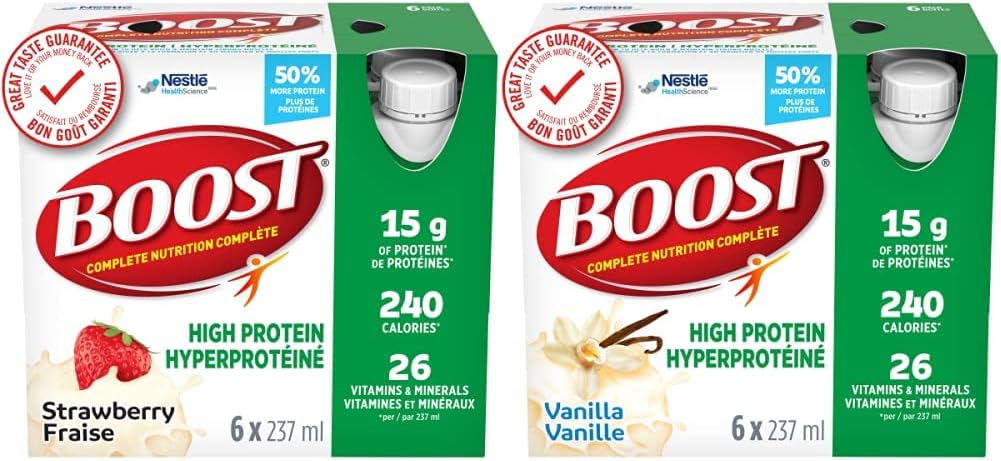 BOOST High Protein Meal Replacement Drink, Strawberry 24 x 237 ml & High Protein Meal Replacement Drink, Vanilla, 24 x 237 ml