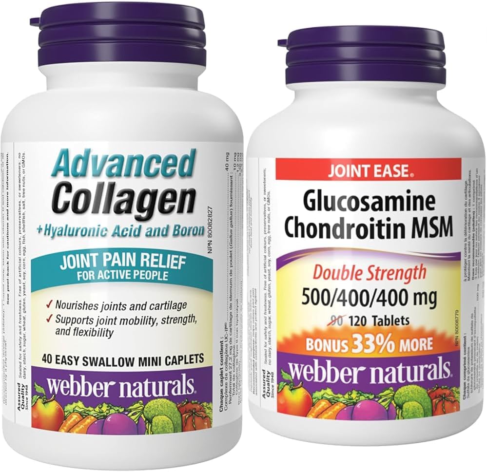 Webber Naturals 高級膠原蛋白(含透明質酸和硼)40 粒迷你膠囊和葡萄糖胺軟骨素 MSM(雙倍強度)120 片,有助於緩解骨關節炎引起的關節疼痛