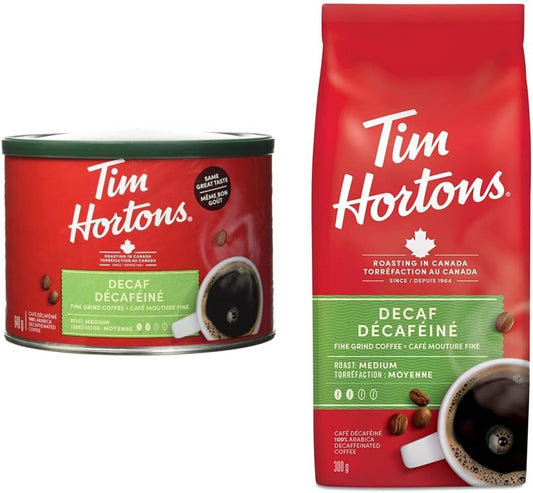 Tim Hortons 脱咖啡因细磨咖啡,中度烘焙,640g 罐装 & 脱咖啡因细磨咖啡袋,中度烘焙,300g
