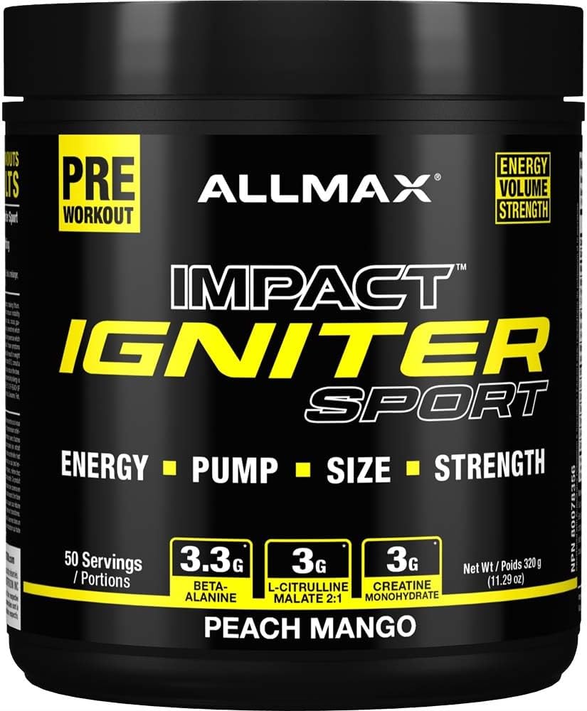 ALLMAX IGNITER 运动前补充剂,桃芒果味 - 320克,50份 - 增强能量、力量和泵感,含咖啡因、肌酸和β-丙氨酸