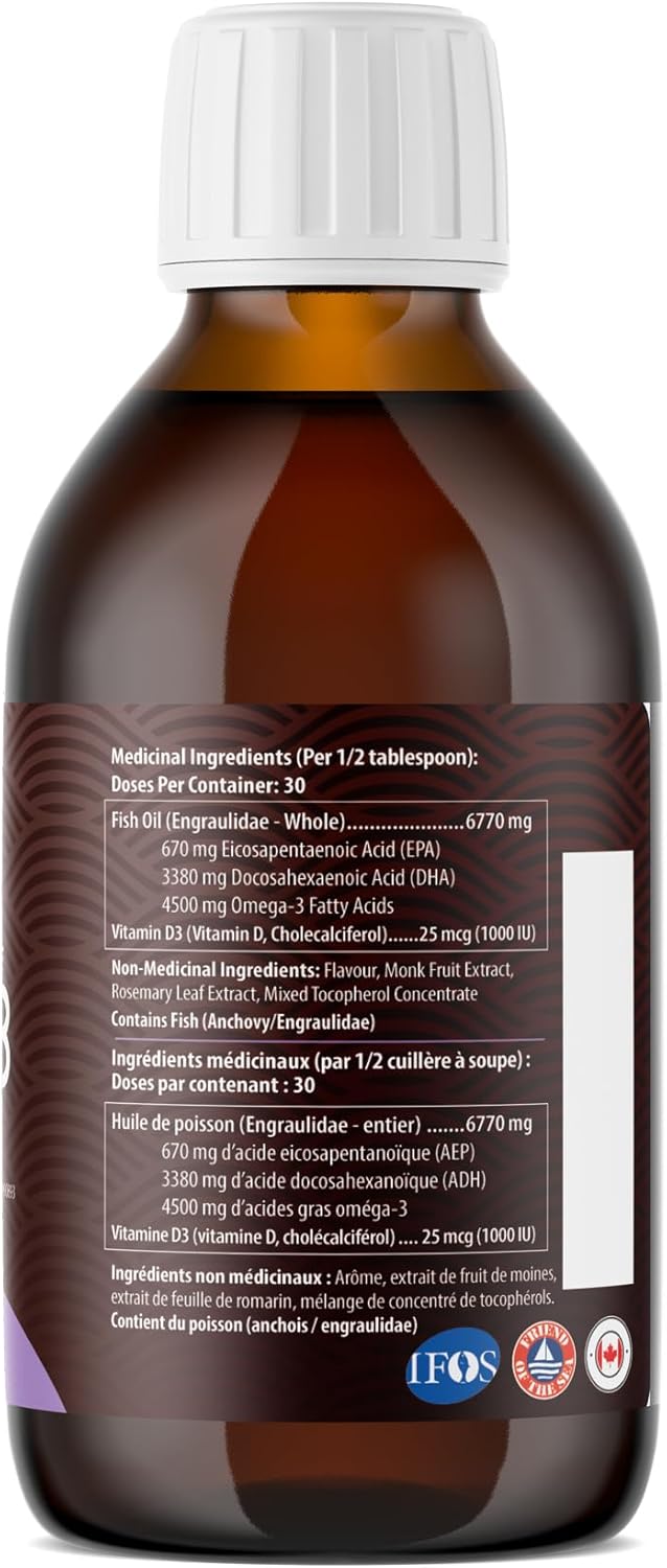 5倍極致強度 Omega 3 補充劑(含維生素 D)、魚油 Omega 3 液體(含 EPA、DHA 補充劑)、葡萄口味 Omega3 補充劑、野生魚油補充劑,225 毫升