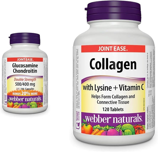 Webber Naturals Glucosamine Chondroitin, Double Strength, 144 Capsules, Helps Relieve Joint Pain Associated with Osteoarthritis & Collagen with Lysine and Vitamin C, 120 Tablets, Helps Support Joints
