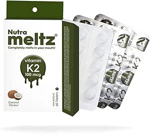 Nutrameltz 維生素 K2 100 微克 - 維生素 K2 作為 MK7 補充劑,用於強化牙齒、骨骼、促進心臟健康,即溶片,用於治療維生素 K2 缺乏症 - 椰子味(60 片)