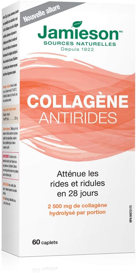 Jamieson Anti-Wrinkle Hydrolyzed Verisol Collagen 2,500 mg, Clinically Studied, Reduce Fine Lines & Wrinkles in 28 Days, and Improves Skin Elasticity. Non-GMO, Gluten-Free, 60 Caplets, Proudly Canadian