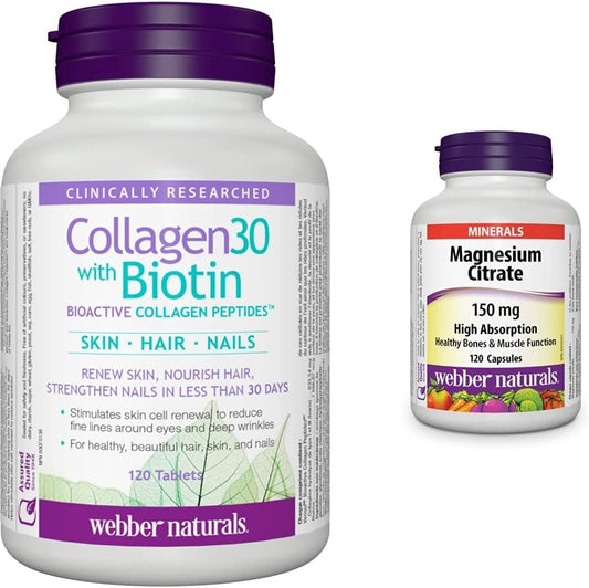 Webber Naturals Collagen30 含生物素,2,500 毫克生物活性膠原蛋白勝肽和 150 毫克檸檬酸鎂,120 粒膠囊,高吸收礦物質,支持骨骼和肌肉功能,不含麩質