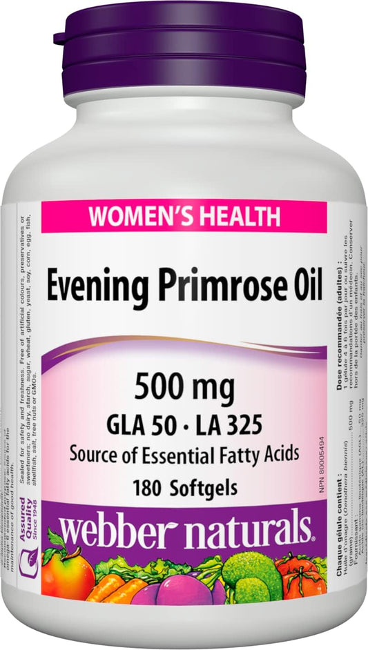 Webber Naturals 月見草油 500 毫克,180 粒軟膠囊,Omega-6 必需脂肪酸來源