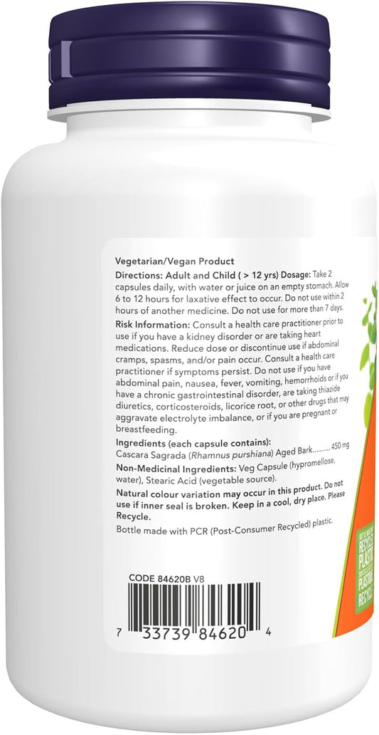 NOW Supplements, Cascara Sagrada (Rhamnus purshiana) 450 mg, Herbal Regularity, 100 Veg Capsules