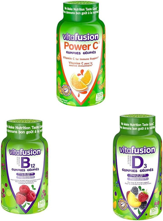 Vitafusion Power C 成人維生素軟糖,抗氧化劑1 & Vitafusion B12 成人維生素軟糖,1000 微克維生素 B12 & Vitafusion D3 成人維生素軟糖,1000 國際單位維生素 D3
