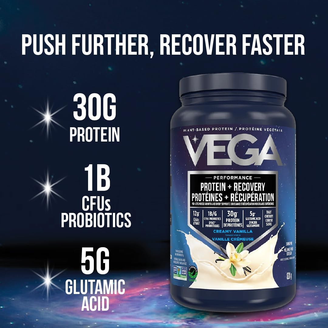 Vega Sport 素食蛋白粉 + 恢復 - 每份 30 克植物蛋白,巧克力口味,45 份,5 克 BCAA,益生菌,NSF 認證,適用於奶昔和冰沙,1.98 公斤(包裝可能有所不同)