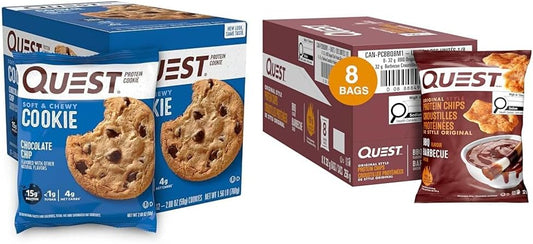 Quest Nutrition Chocolate Chip Protein Cookie, High Protein, High Fibre, Low Sugar, Keto Friendly & BBQ Flavour Original Style Protein Chips, High Protein, Baked, Not Fried