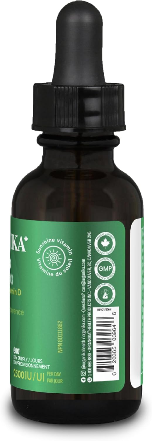 Organika 加拿大制造维生素 D3 液体 2500IU - 橄榄油基底,免疫系统支持 - 30ml