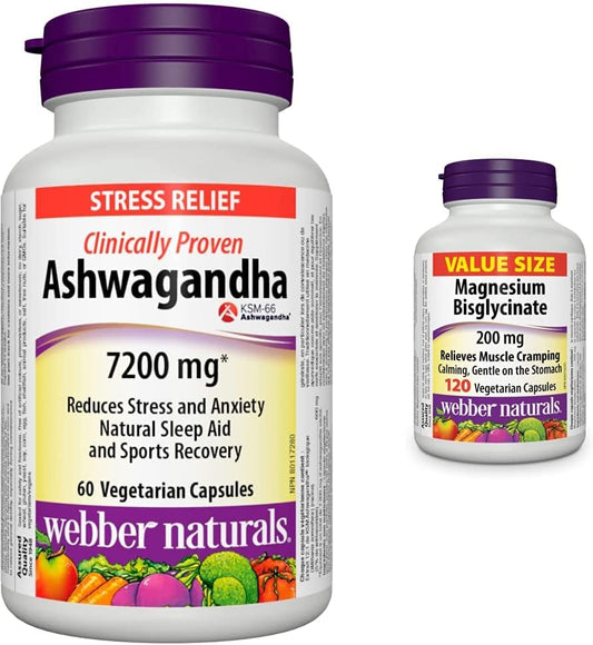 Webber Naturals 南非醉茄 7200 毫克,60 粒膠囊和雙甘氨酸鎂 200 毫克,120 粒膠囊,支持骨骼和肌肉功能
