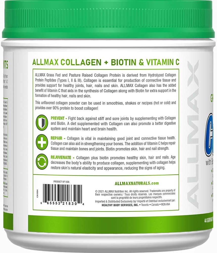 ALLMAX 胶原蛋白(含生物素 + 维生素 C)- 无味 - 草饲和牧场饲养 - 440 克 - 44 份